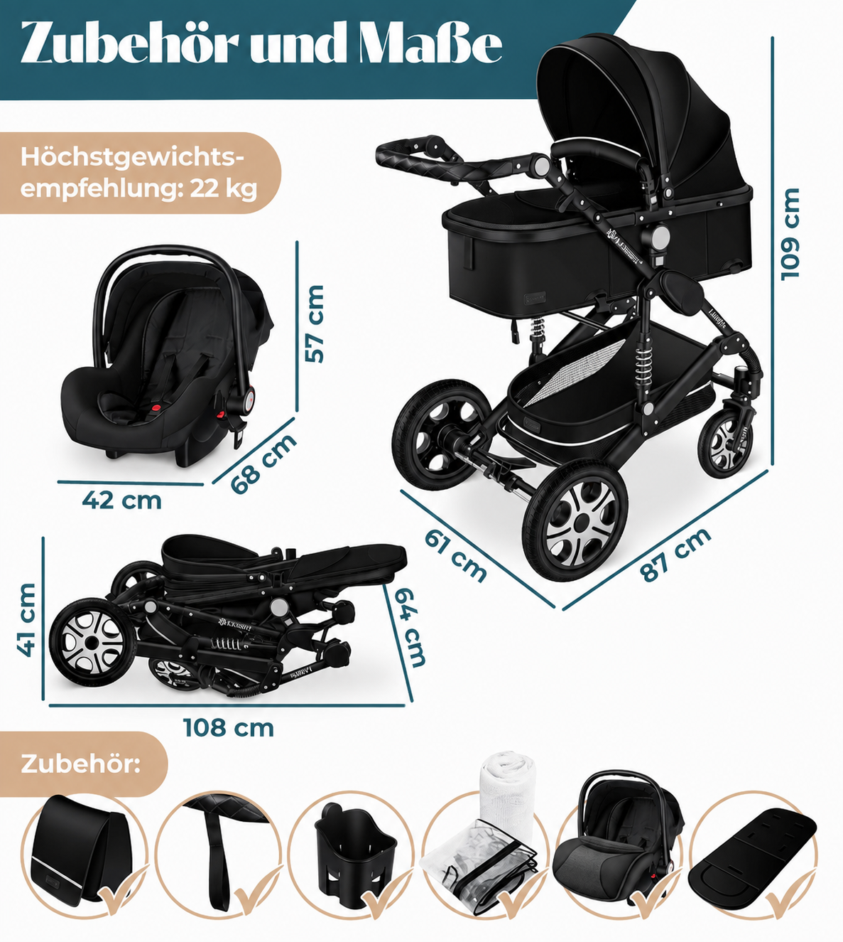 4 in 1 Kinderwagen Komplett-Set mit Babywanne & Babyschale