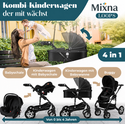 4 in 1 Kinderwagen Komplett-Set mit Babywanne & Babyschale