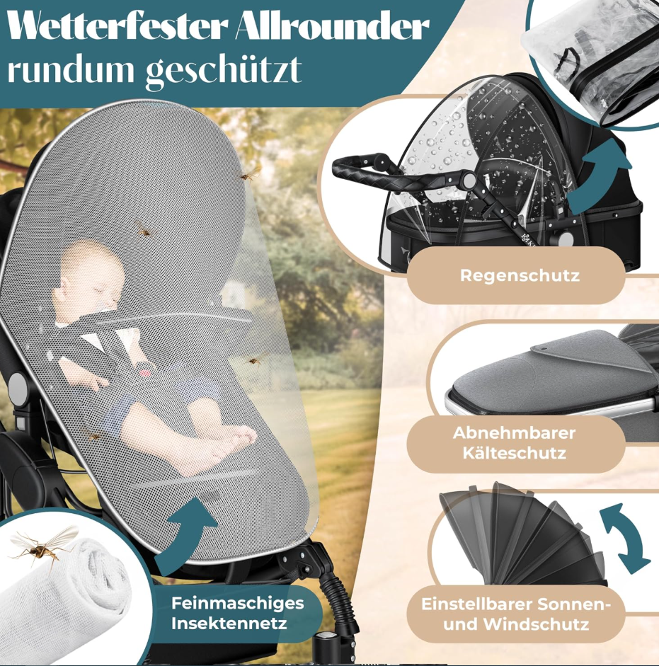 4 in 1 Kinderwagen Komplett-Set mit Babywanne & Babyschale