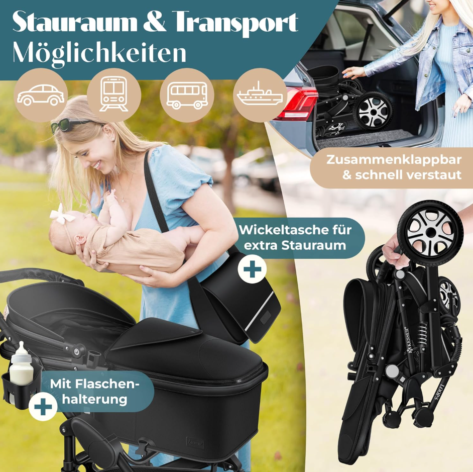 4 in 1 Kinderwagen Komplett-Set mit Babywanne & Babyschale