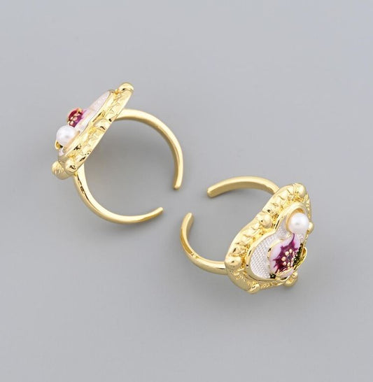 Vintage Filled Heart Shaped Adjustable Ring with White Enamel